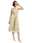 A-line Sleeveless Criss-cross Halter Tea-length Bridesmaid Dresses