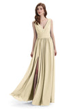 A-Line V-Neck Sleeveless Split Side Chiffon Long Bridesmaid Dresses