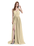 Spaghetti Straps A-line Chiffon Side Slit Long Bridesmaid Dresses