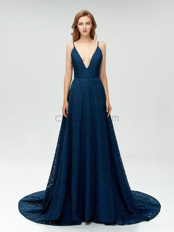 Chamring Fall Lace V-Neck A-line Spaghetti Straps Elegant Long Prom Dresses LMX1108