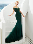 Charming Green Off the Shoulder Mermaid Beaded Modest Tulle Long Prom Dresses LMX1184