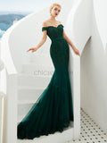Charming Green Off the Shoulder Mermaid Beaded Modest Tulle Long Prom Dresses LMX1184