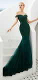 Charming Green Off the Shoulder Mermaid Beaded Modest Tulle Long Prom Dresses LMX1184