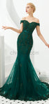 Charming Green Off the Shoulder Mermaid Beaded Modest Tulle Long Prom Dresses LMX1184