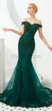 Charming Green Off the Shoulder Mermaid Beaded Modest Tulle Long Prom Dresses LMX1184
