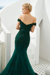 Charming Green Off the Shoulder Mermaid Beaded Modest Tulle Long Prom Dresses LMX1184