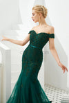 Charming Green Off the Shoulder Mermaid Beaded Modest Tulle Long Prom Dresses LMX1184