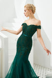 Charming Green Off the Shoulder Mermaid Beaded Modest Tulle Long Prom Dresses LMX1184