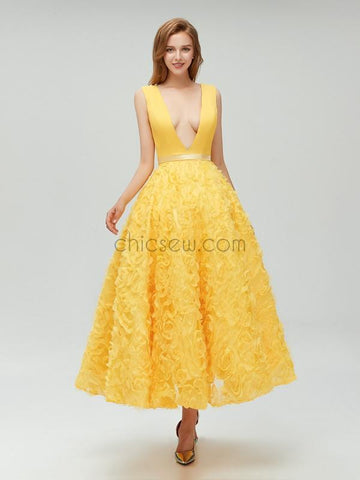 Charming Yellow  Deep V-neck A-line Pretty Fashion Prom Dresses, Homecoming Dress LMX1109