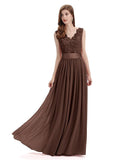 Elegant A-Line V-Neck Lace Chiffon Long Bridesmaid Dresses