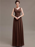 Simple V-Neck Pleats Chiffon Long Bridesmaid Dresses