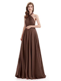 Simple A-Line High Neck Pleats Chiffon Floor Length Bridesmaid Dresses