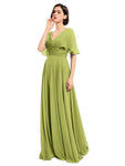 A-line V-neck Cap Sleeves Sleeves Chiffon Long Bridesmaid Dresses