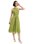 A-line Sleeveless Criss-cross Halter Tea-length Bridesmaid Dresses