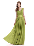 Elegant A-Line V-Neck Lace Chiffon Long Bridesmaid Dresses