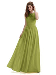 A-Line Round Neck Lace Pleats Floor Length Bridesmaid Dresses