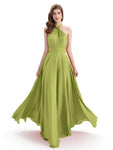 A-Line Cross Neck Pleats Chiffon Long Bridesmaid Dresses