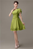 Popular A-line Chiffon One Shoulder Ruffle Sleeves Short Bridesmaid Dresses