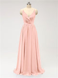 A-line Spaghetti Straps V Neck Chiffon Floor Length Bridesmaid Dresses