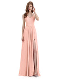 Simple V-neck Chiffon Floor-Length Side Slit Long Bridesmaid Dresses