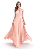 A-Line Cross Neck Pleats Chiffon Long Bridesmaid Dresses