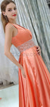 Coral A-Line V-Neck Sleeveless Satin Custom Long Prom Dresses With Beads, Evening Dresses LMX1139