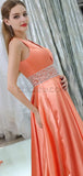 Coral A-Line V-Neck Sleeveless Satin Custom Long Prom Dresses With Beads, Evening Dresses LMX1139