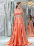 Coral A-Line V-Neck Sleeveless Satin Custom Long Prom Dresses With Beads, Evening Dresses LMX1139