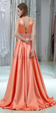 Coral A-Line V-Neck Sleeveless Satin Custom Long Prom Dresses With Beads, Evening Dresses LMX1139