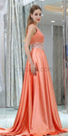 Coral A-Line V-Neck Sleeveless Satin Custom Long Prom Dresses With Beads, Evening Dresses LMX1139