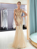 Custom Real Made Round Neck  Sparkly Sleeveless Mermaid Long Prom Dresses with beads LMX1140