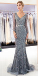 Custom Silver Gray Beading Sequin Glitter Sparkly Mermaid Long Sleeves V-Neck Prom Dresses,Long Evening Dresses LMX1142