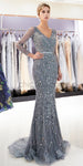 Custom Silver Gray Beading Sequin Glitter Sparkly Mermaid Long Sleeves V-Neck Prom Dresses,Long Evening Dresses LMX1142
