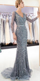 Custom Silver Gray Beading Sequin Glitter Sparkly Mermaid Long Sleeves V-Neck Prom Dresses,Long Evening Dresses LMX1142