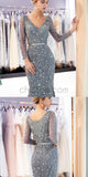 Custom Silver Gray Beading Sequin Glitter Sparkly Mermaid Long Sleeves V-Neck Prom Dresses,Long Evening Dresses LMX1142