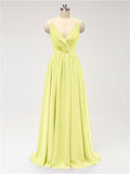 A-line Spaghetti Straps V Neck Chiffon Floor Length Bridesmaid Dresses