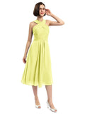 A-line Sleeveless Criss-cross Halter Tea-length Bridesmaid Dresses