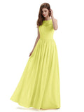 A-Line Round Neck Lace Pleats Floor Length Bridesmaid Dresses