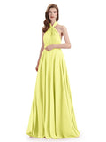 Simple A-Line High Neck Pleats Chiffon Floor Length Bridesmaid Dresses