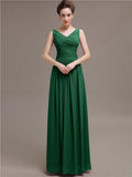 Simple V-Neck Pleats Chiffon Long Bridesmaid Dresses