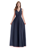 A-Line Sleeveless Pleats Chiffon Cheap Long Bridesmaid Dresses