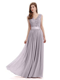 Elegant A-Line V-Neck Lace Chiffon Long Bridesmaid Dresses