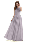 A-Line Round Neck Lace Pleats Floor Length Bridesmaid Dresses