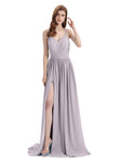 Spaghetti Straps A-line Chiffon Side Slit Long Bridesmaid Dresses