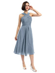 A-line Sleeveless Criss-cross Halter Tea-length Bridesmaid Dresses