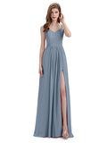 Simple V-neck Chiffon Floor-Length Side Slit Long Bridesmaid Dresses