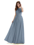 A-Line Round Neck Lace Pleats Floor Length Bridesmaid Dresses