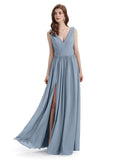 A-Line V-Neck Sleeveless Split Side Chiffon Long Bridesmaid Dresses