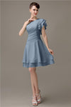 Popular A-line Chiffon One Shoulder Ruffle Sleeves Short Bridesmaid Dresses