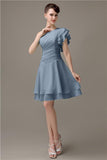 Popular A-line Chiffon One Shoulder Ruffle Sleeves Short Bridesmaid Dresses